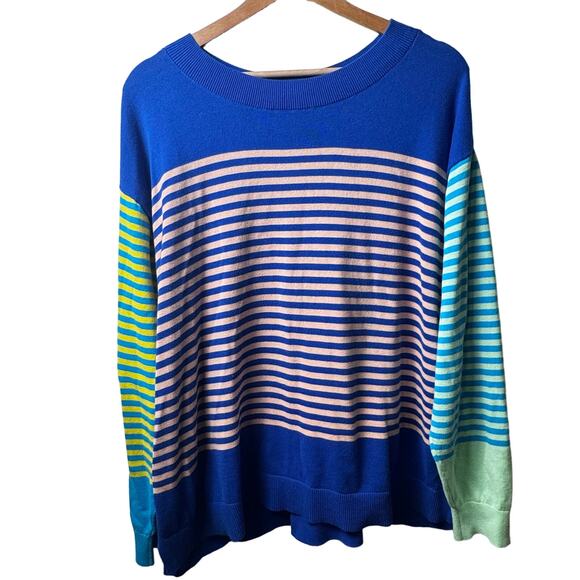 Lands' End XL Color Block Striped Cotton Sweater Blue Multicolor - Picture 1 of 4
